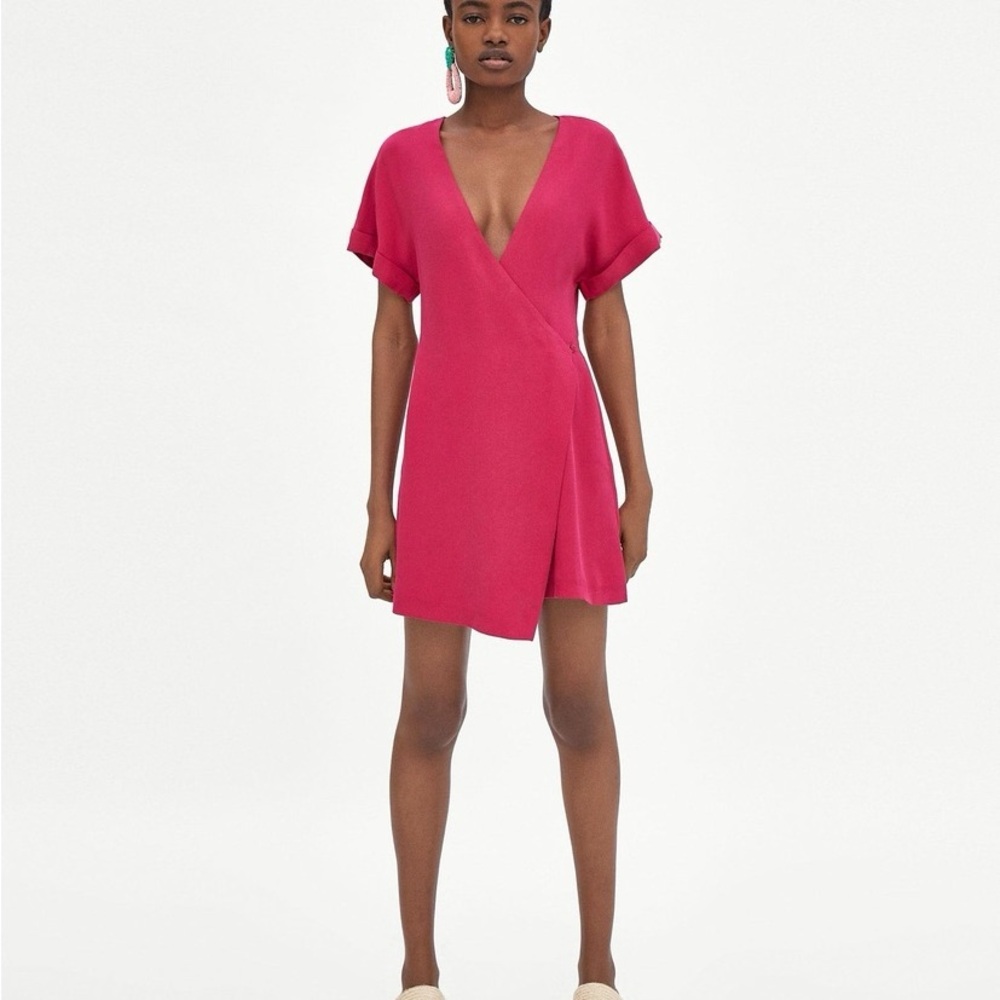 Zara fuchsia pink wrap-style romper dress with flutter sleeves NWT